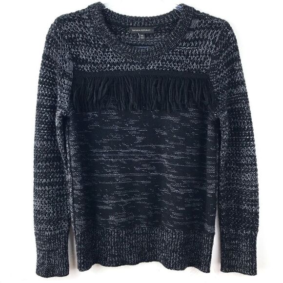 Banana Republic Black Gray Fringe Wool Blend Knit Long Sleeve Sweater XS - Picture 1 of 4